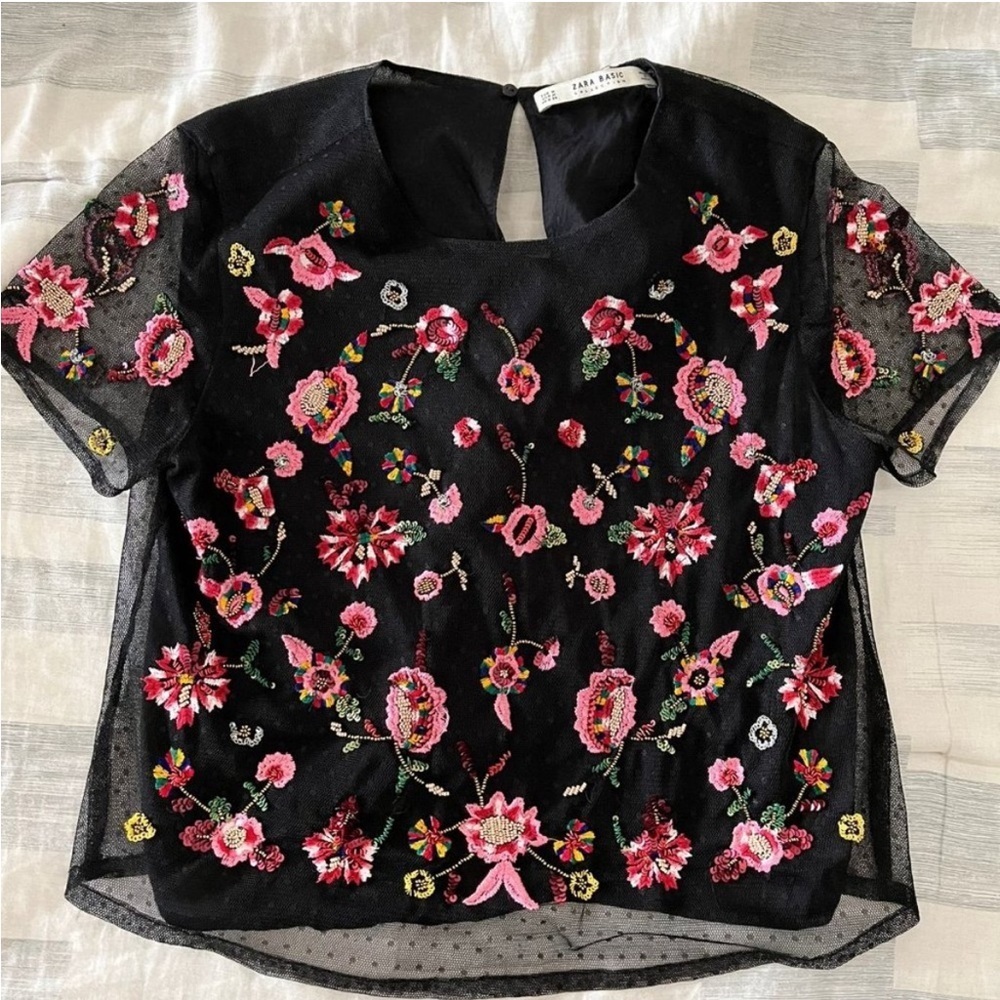 Zara Black Tulle Top Embroidery NWOT - Picture 4 of 5